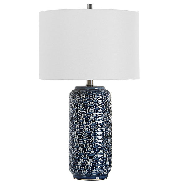 27 Inch Ceramic Table Lamp, Wavy Texture, Blue, Silver, White - BM277028