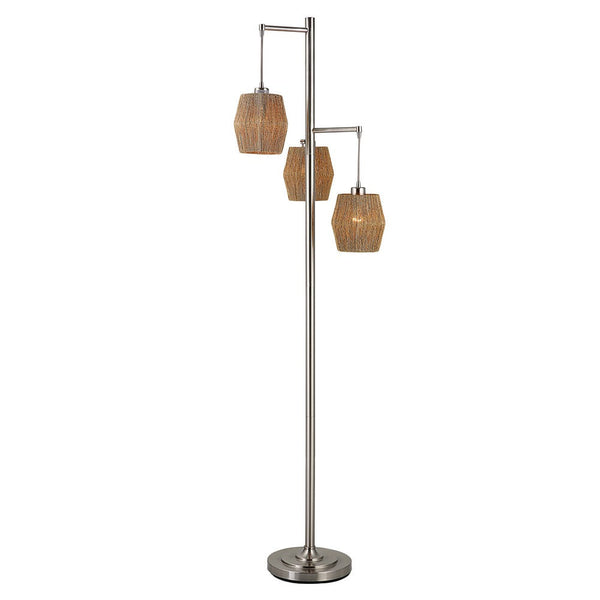 73 Inch Metal Floor Lamp, Three Drum Shaped Rope Shades, Silver, Brown - BM277029