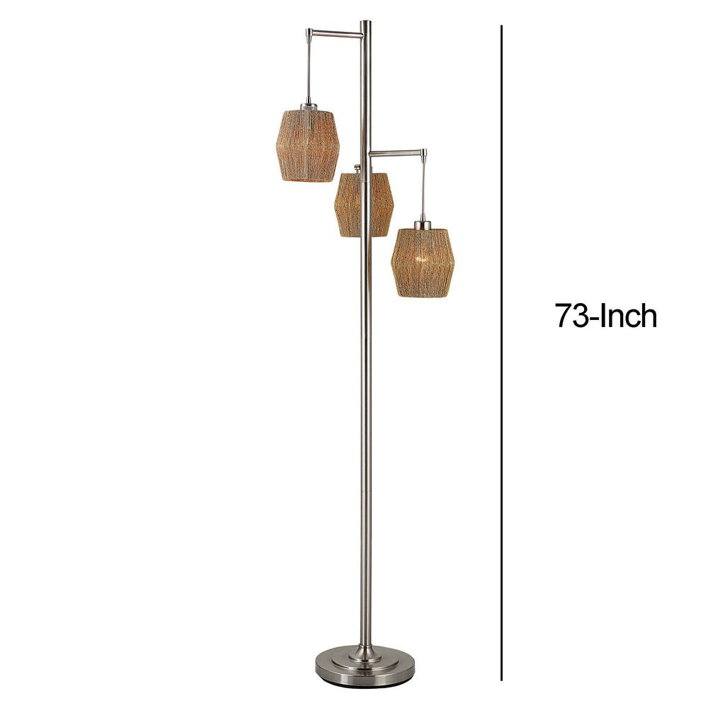 73 Inch Metal Floor Lamp, Three Drum Shaped Rope Shades, Silver, Brown - BM277029