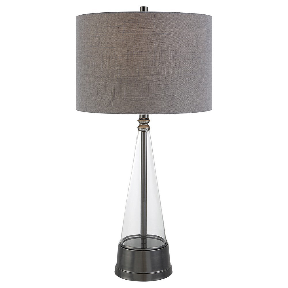 29 Inch Metal Table Lamp, Cone Shaped Glass Base, Silver, Gray - BM277030