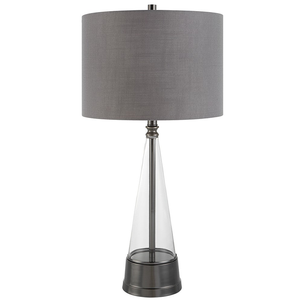 29 Inch Metal Table Lamp, Cone Shaped Glass Base, Silver, Gray - BM277030