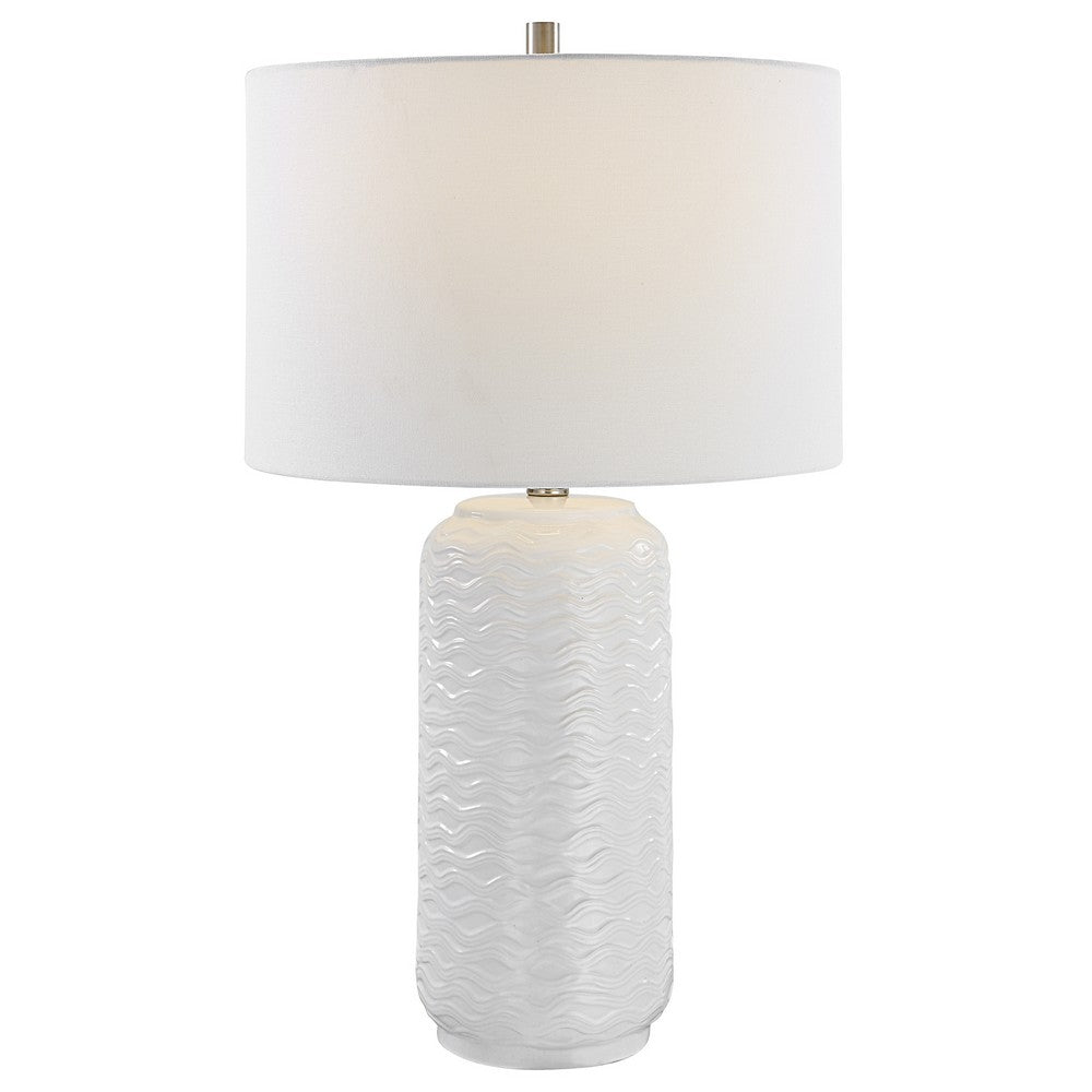 27 Inch Ceramic Table Lamp, Wavy Texture, Silver, White - BM277032