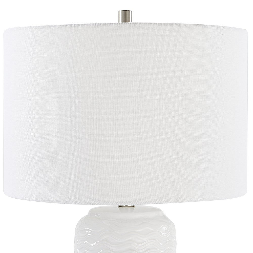 27 Inch Ceramic Table Lamp, Wavy Texture, Silver, White - BM277032