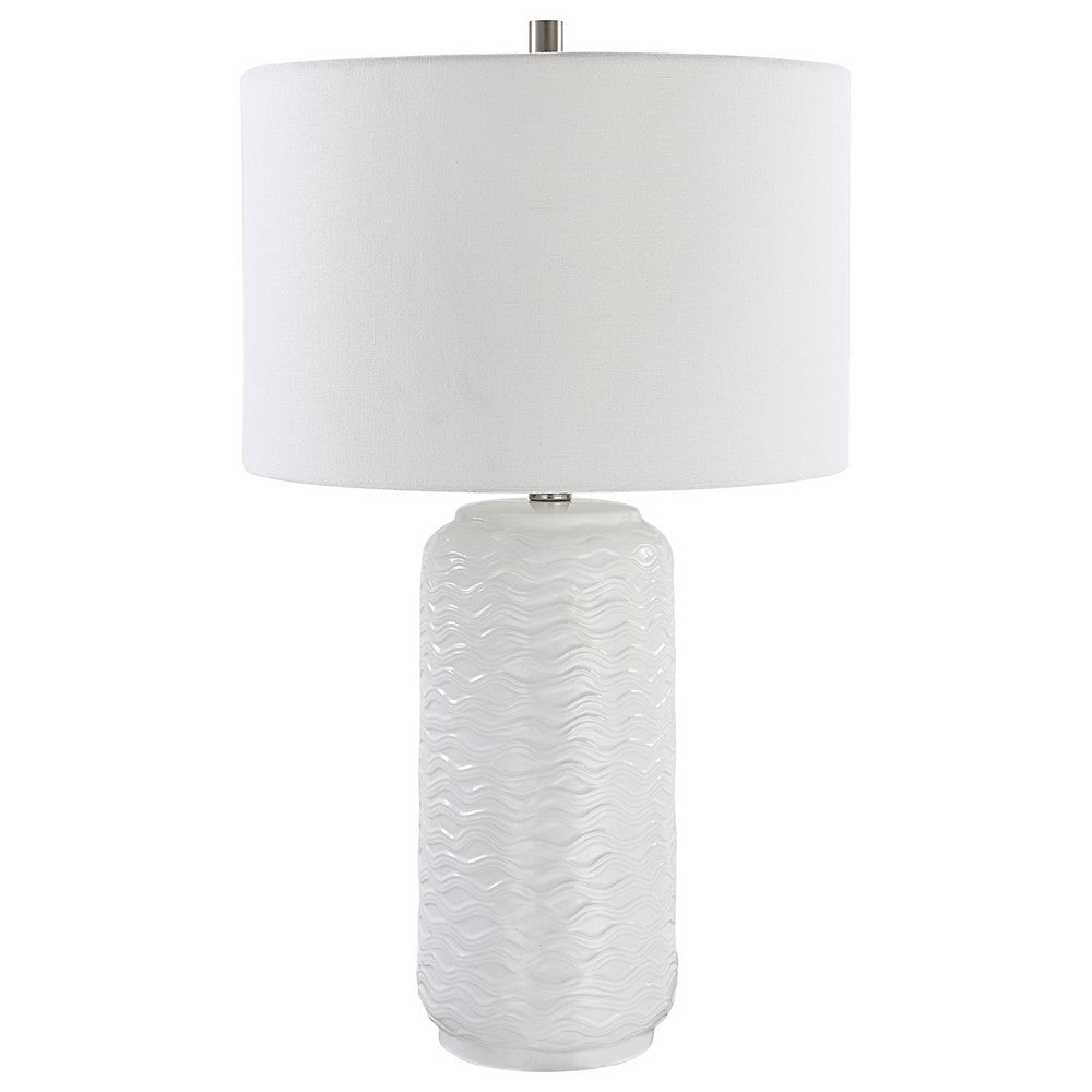 27 Inch Ceramic Table Lamp, Wavy Texture, Silver, White - BM277032