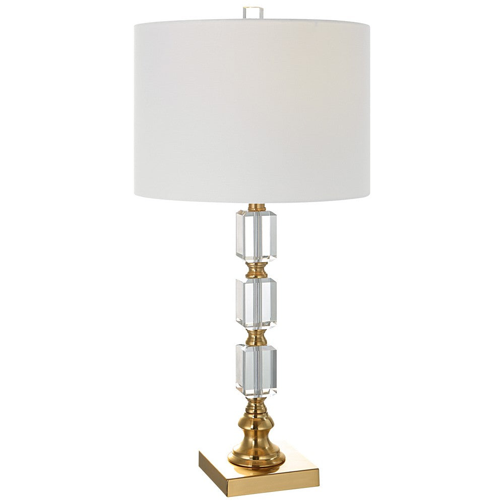 29 Inch Metal Table Lamp, Stacked Crystals, Antique Brass, White - BM277033