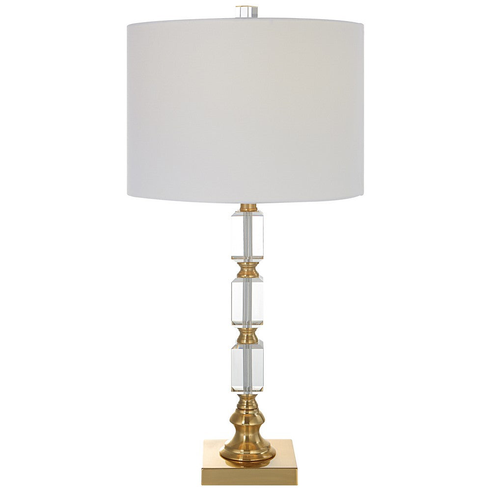 29 Inch Metal Table Lamp, Stacked Crystals, Antique Brass, White - BM277033