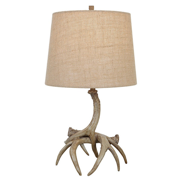 22 Inch Polyresin Table Lamp, Antlers, Burlap Shade, Beige - BM277034