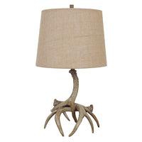 22 Inch Polyresin Table Lamp, Antlers, Burlap Shade, Beige - BM277034