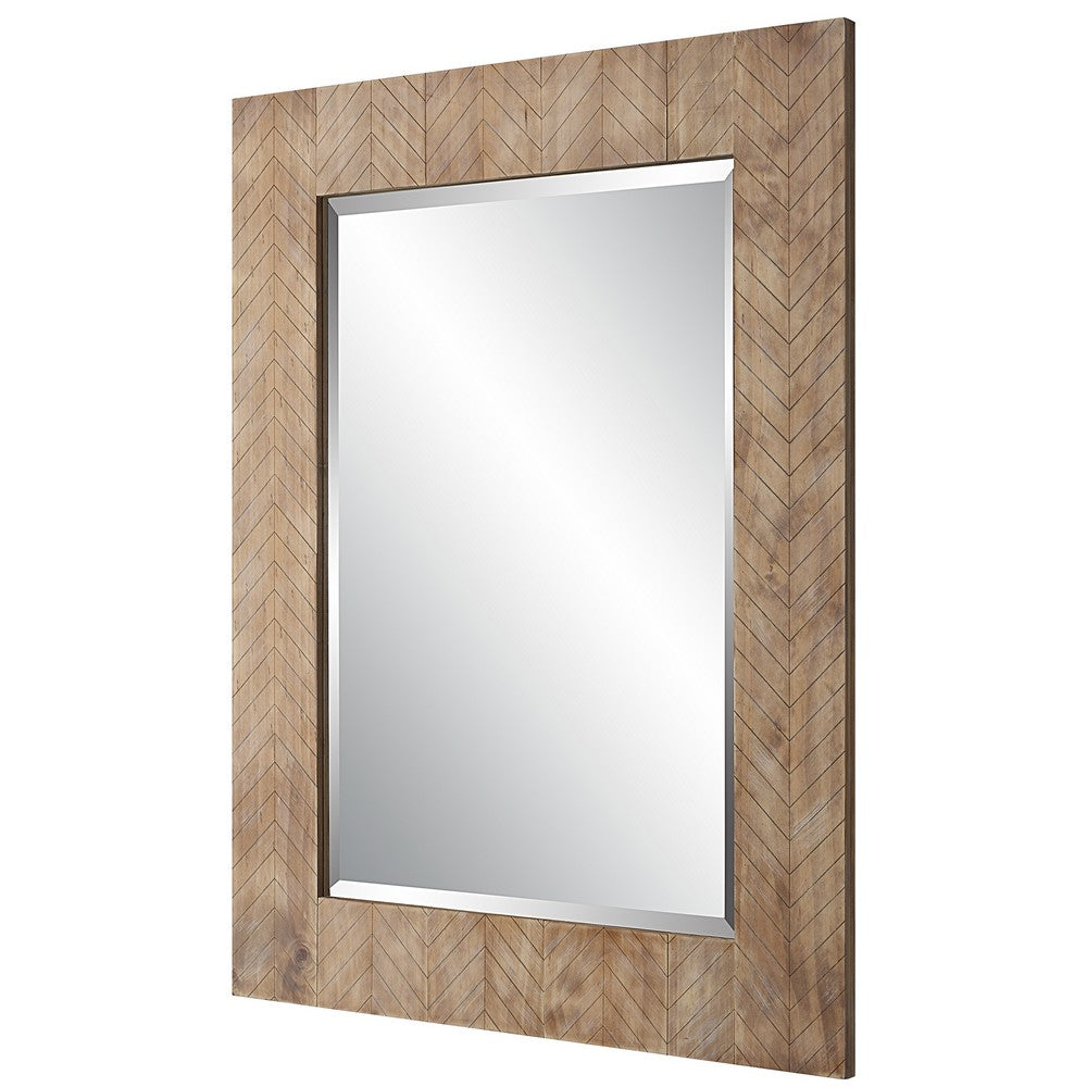 39 Inch Wood Frame Wall Mirror, Chevron Design, Brown - BM277035