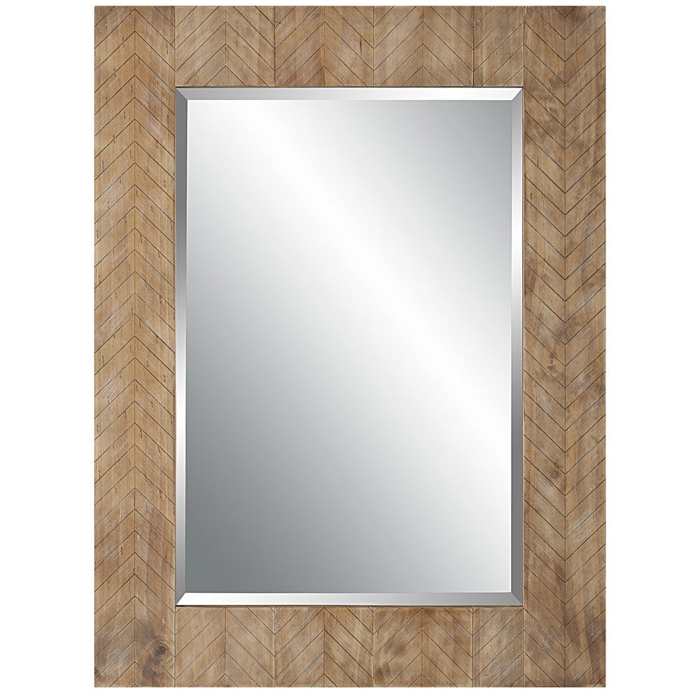 39 Inch Wood Frame Wall Mirror, Chevron Design, Brown - BM277035