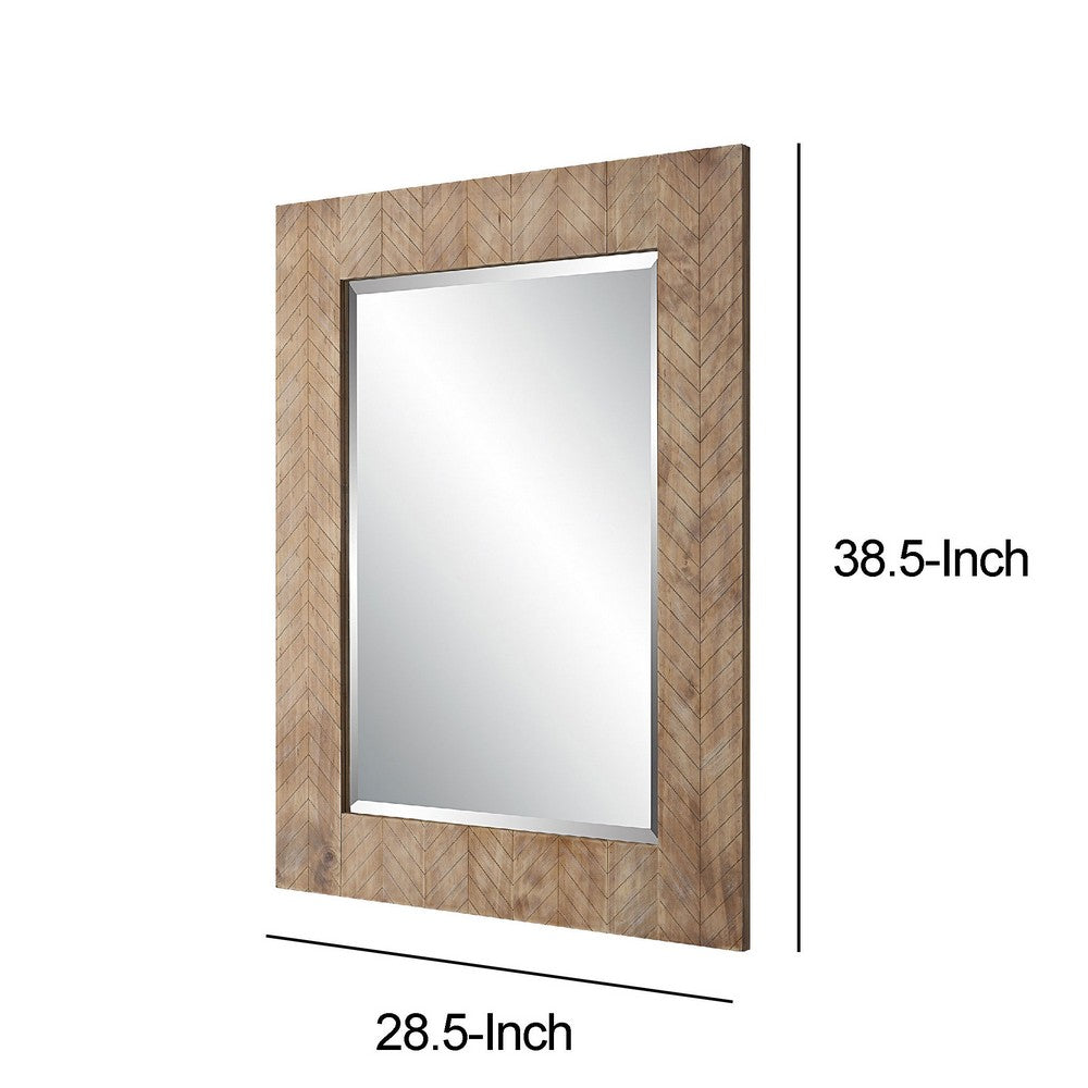 39 Inch Wood Frame Wall Mirror, Chevron Design, Brown - BM277035