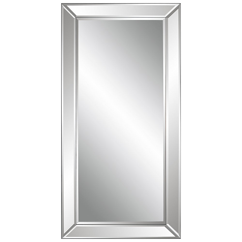 48 Inch Wood Rectangular Mirror, Mirrored Frame, Beveled Panels, Silver - BM277037