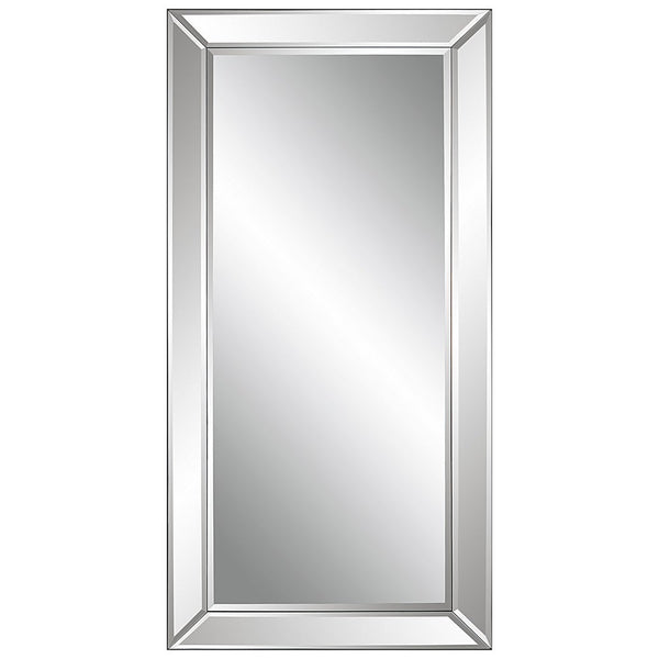 48 Inch Wood Rectangular Mirror, Mirrored Frame, Beveled Panels, Silver - BM277037