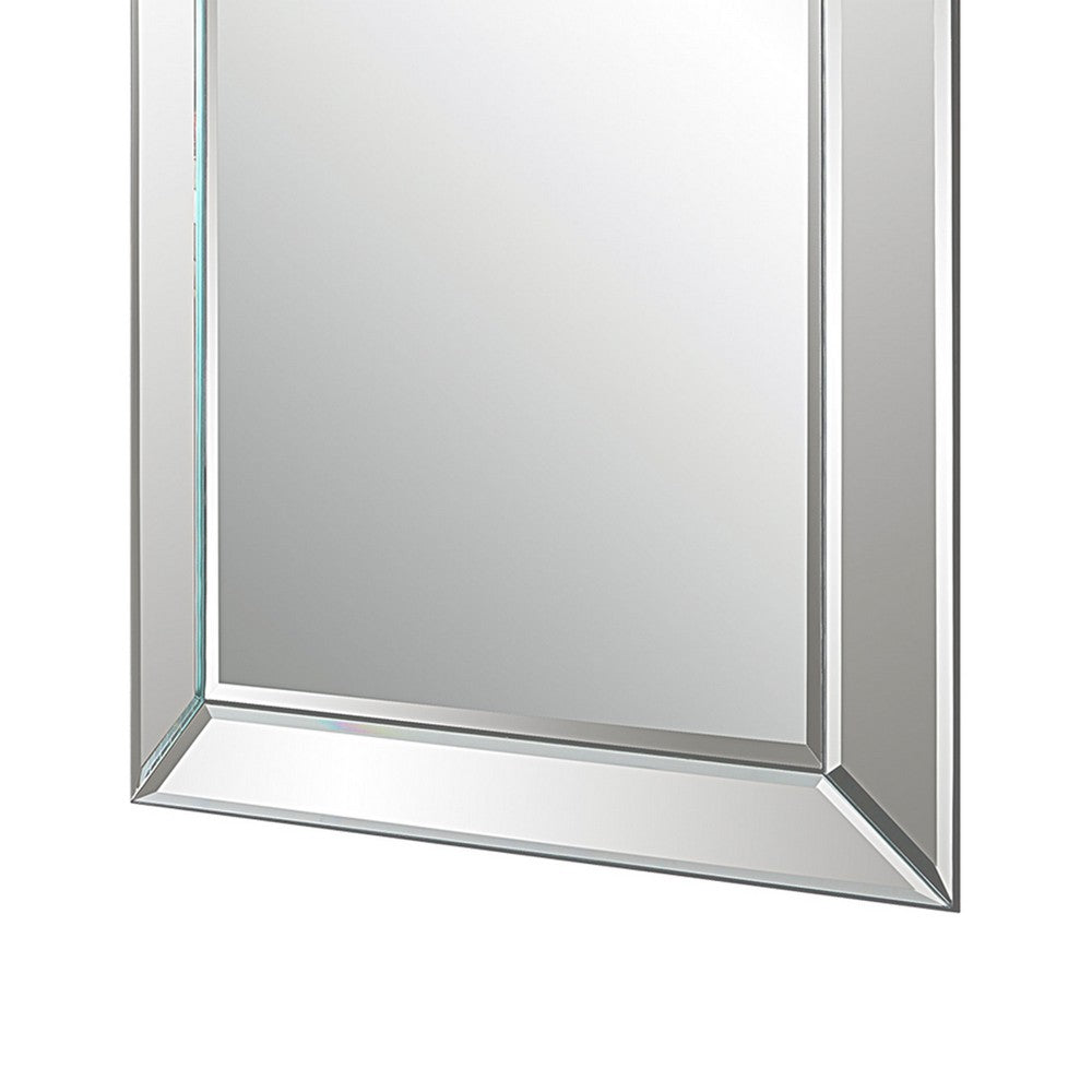 48 Inch Wood Rectangular Mirror, Mirrored Frame, Beveled Panels, Silver - BM277037