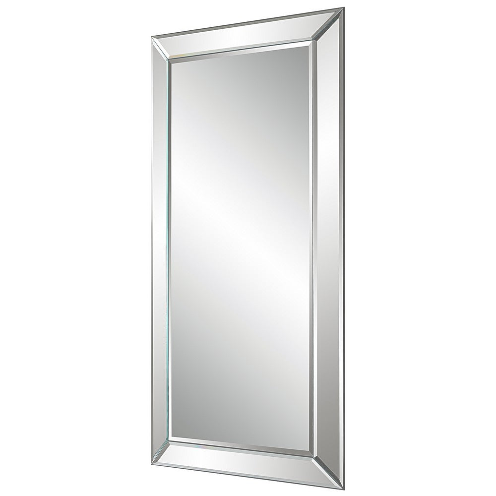 48 Inch Wood Rectangular Mirror, Mirrored Frame, Beveled Panels, Silver - BM277037