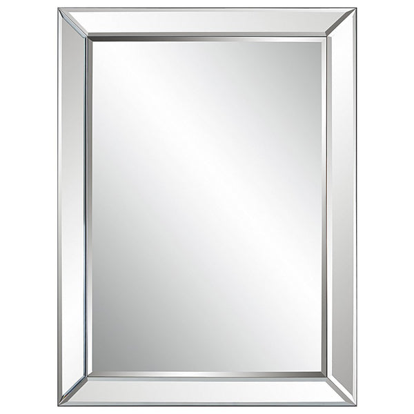 39 Inch Wood Mirror, Mirrored Frame, Beveled Panels, Silver - BM277038