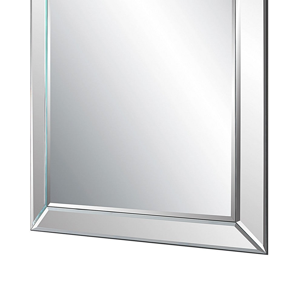 39 Inch Wood Mirror, Mirrored Frame, Beveled Panels, Silver - BM277038