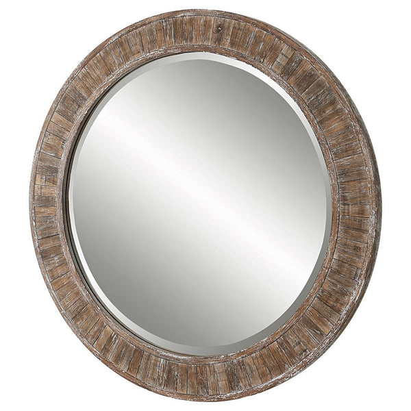 34 Inch Wood Round Wall Mirror, Weathered Finish, Brown - BM277042