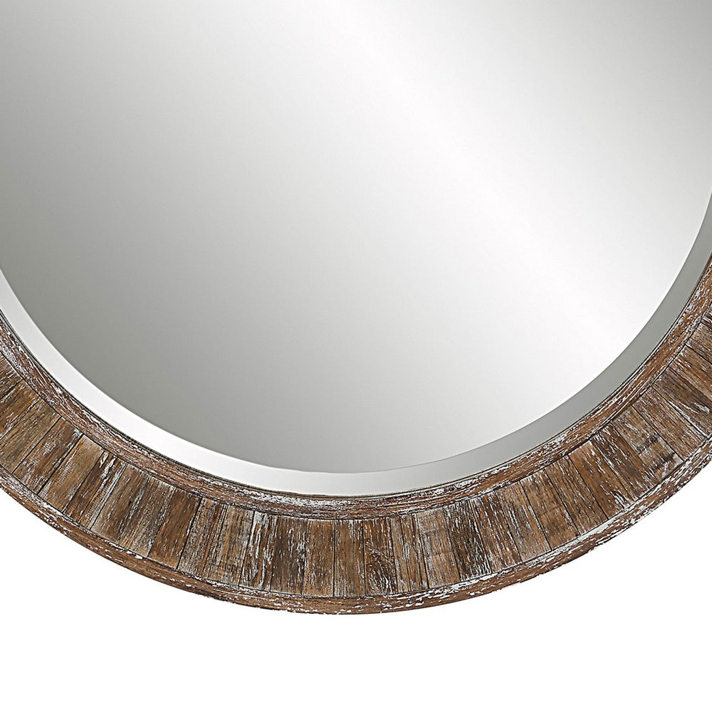 34 Inch Wood Round Wall Mirror, Weathered Finish, Brown - BM277042