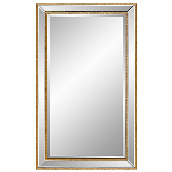 40 Inch Wood Rectangular Wall Mirror, Beveled Panel, Gold - BM277046