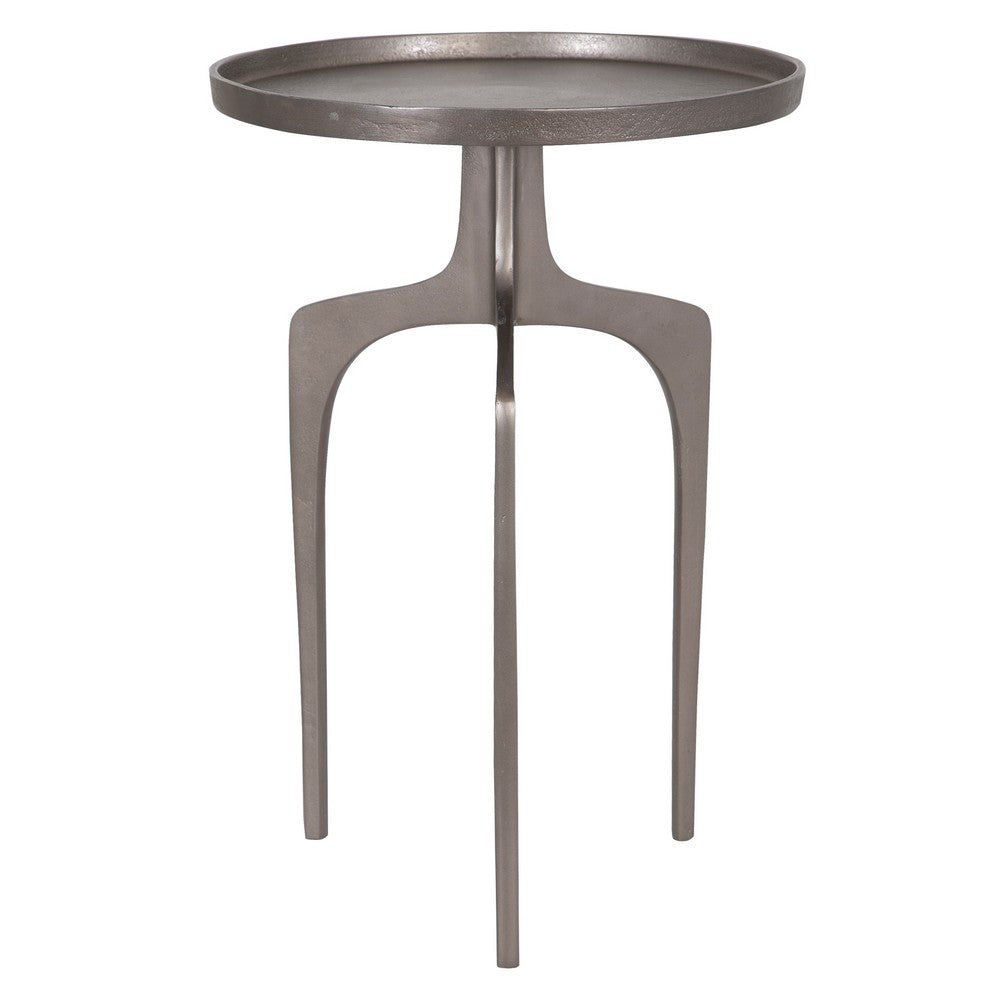 22 Inch Metal Round Accent Table, Three Curved Legs, Nickel Silver - BM277049