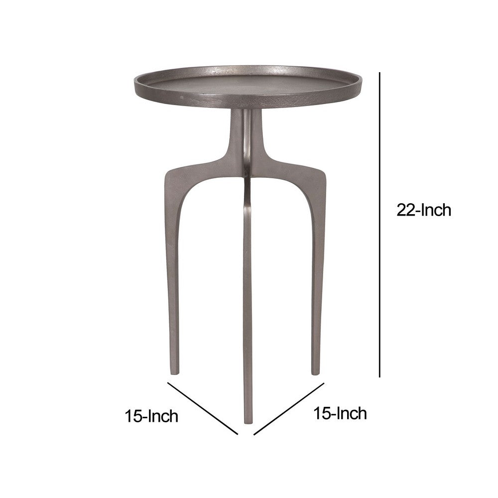 22 Inch Metal Round Accent Table, Three Curved Legs, Nickel Silver - BM277049