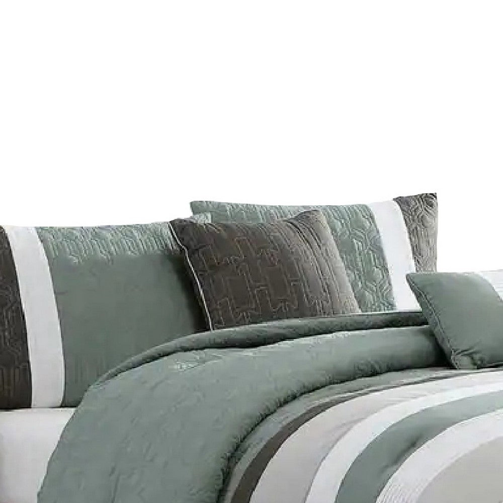 Owen 5 Piece Queen Comforter Set, The Urban Port, Striped White Green, Gray - BM277106