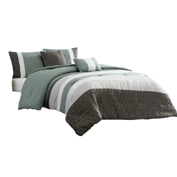 Owen 5 Piece Queen Comforter Set, The Urban Port, Striped White Green, Gray - BM277106