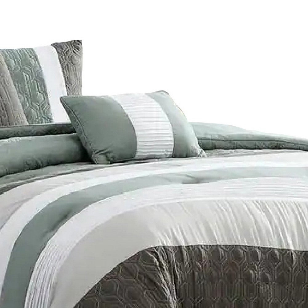 Owen 5 Piece King Comforter Set, The Urban Port, Striped White, Green, Gray - BM277107
