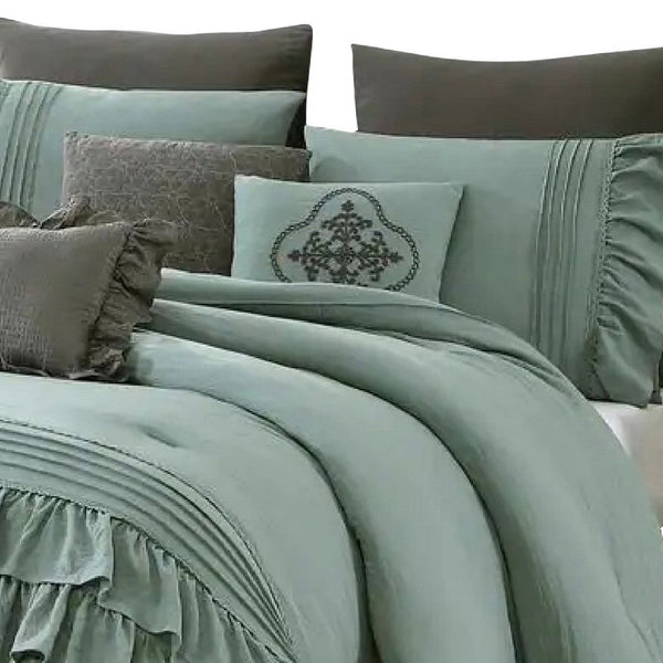 Tyler 8 Piece Ruffled Queen Comforter Set, The Urban Port, Green, Gray - BM277110