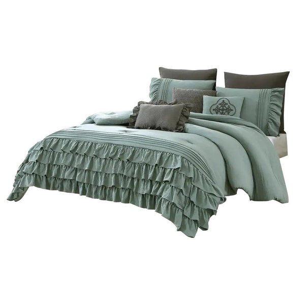 Tyler 8 Piece Ruffled Queen Comforter Set, The Urban Port, Green, Gray - BM277110