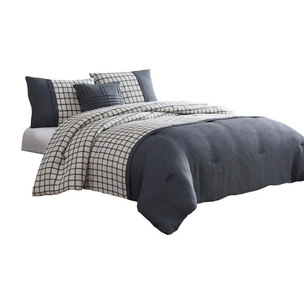 Owen 4 Piece Queen Comforter Set, Squared, The Urban Port, White, Gray - BM277120