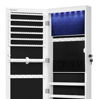 Max 47 Inch Wood Jewelry Cabinet, Mirrored Door, LED Lights, White - BM277127