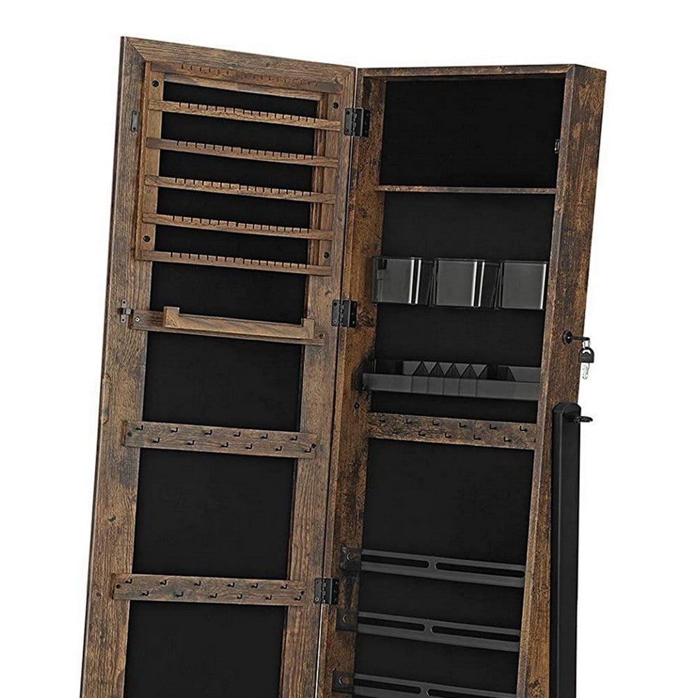 Max 60 Inch Wood Jewelry Cabinet, Floor Mirror, Mesh Shelf, Rustic Brown - BM277138