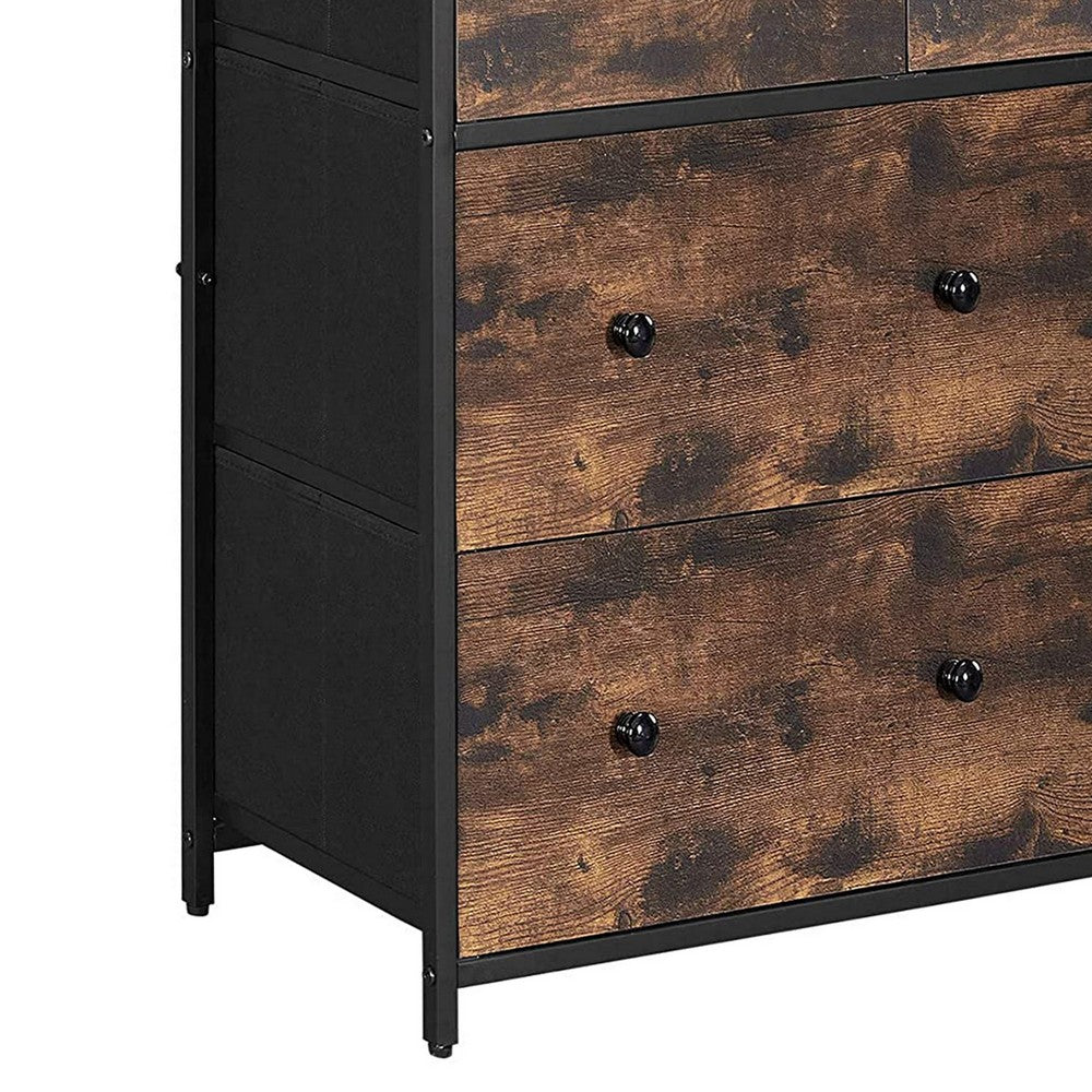 Doe 43 Inch 7 Drawer Dresser, Engineered Wood, Metal, Rustic Brown, Black - BM277141