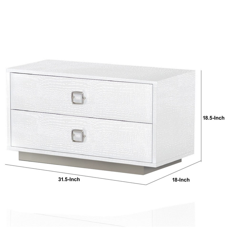 Hart 32 Inch Modern Nightstand, 2 Drawers, Textured Lacquer Finish, White - BM277355