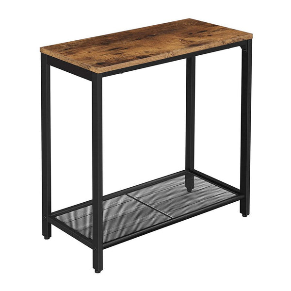 24 Inch Industrial End Table, Wood, Metal Frame, Mesh Shelf, Brown, Black - BM277372