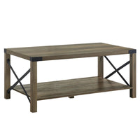 Eli 47 Inch Wood Coffee Table, Metal Brackets, Cross Bars, Rustic Oak Brown - BM278980