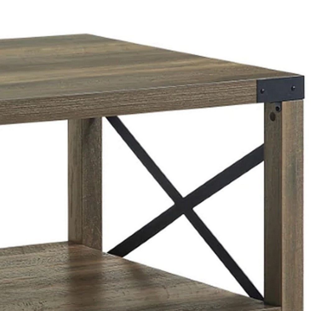 Eli 47 Inch Wood Coffee Table, Metal Brackets, Cross Bars, Rustic Oak Brown - BM278980