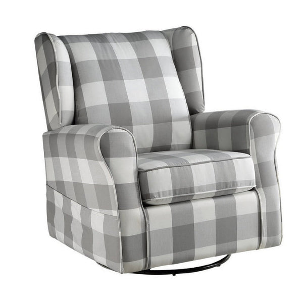 35 Inch Accent Swivel Chair, Glider, Checkered Fabric, Light Gray - BM279086