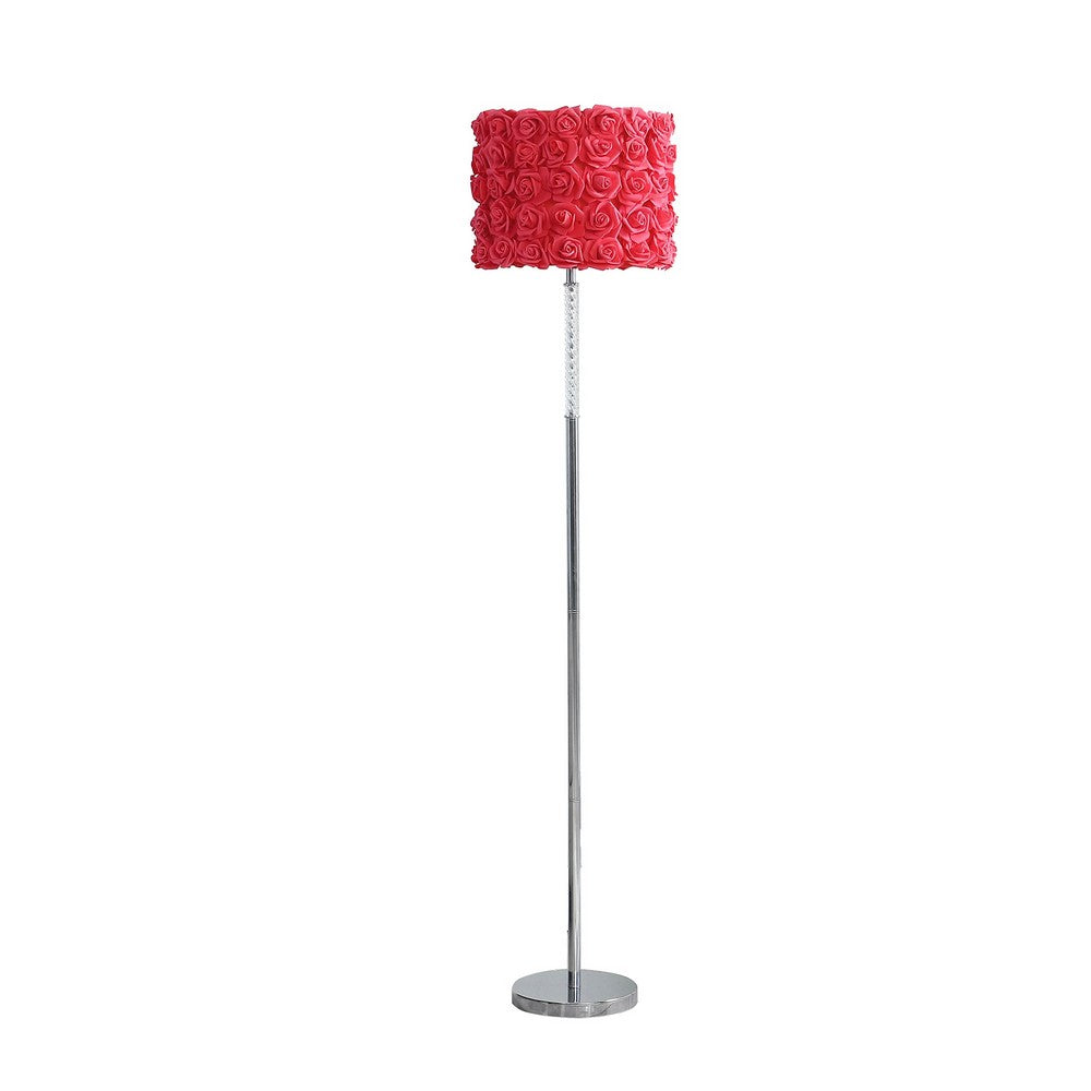 Finn 63 Inch Glamorous Floor Lamp, Rose Accent Shade, 100W, Red, Silver - BM279104