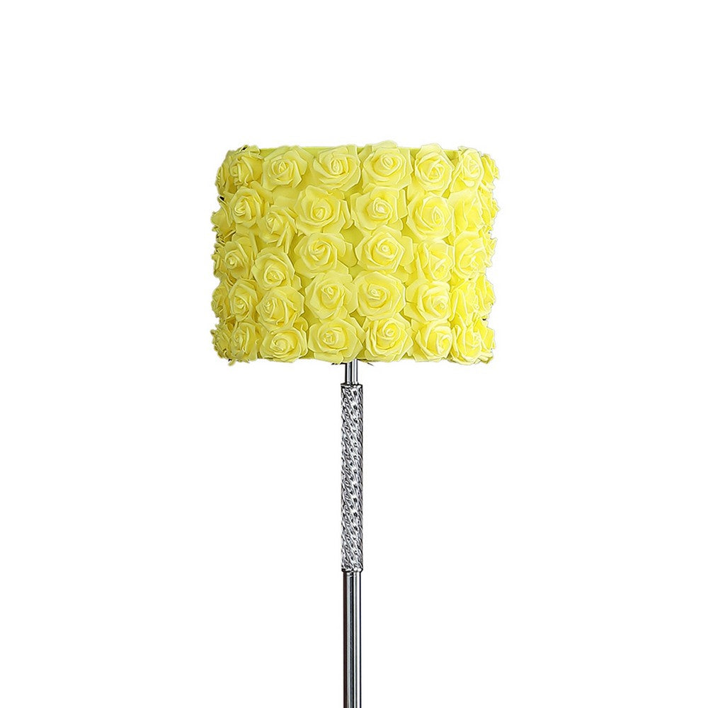 Finn 63 Inch Glamorous Floor Lamp, Rose Accent Shade, 100W, Yellow, Silver - BM279105