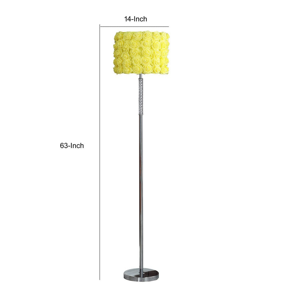 Finn 63 Inch Glamorous Floor Lamp, Rose Accent Shade, 100W, Yellow, Silver - BM279105