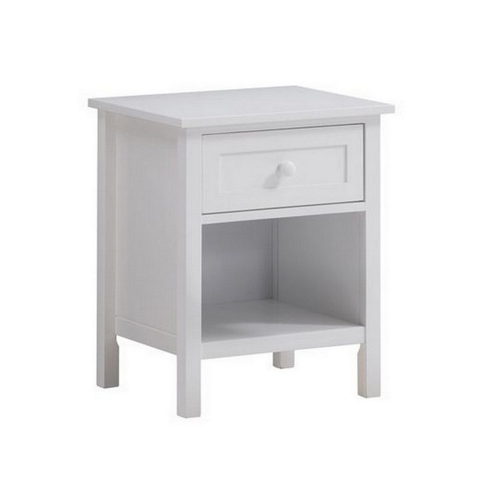 Mio 24 Inch Single Drawer Nightstand, Solid Wood, Open Shelf, Glossy White - BM279145