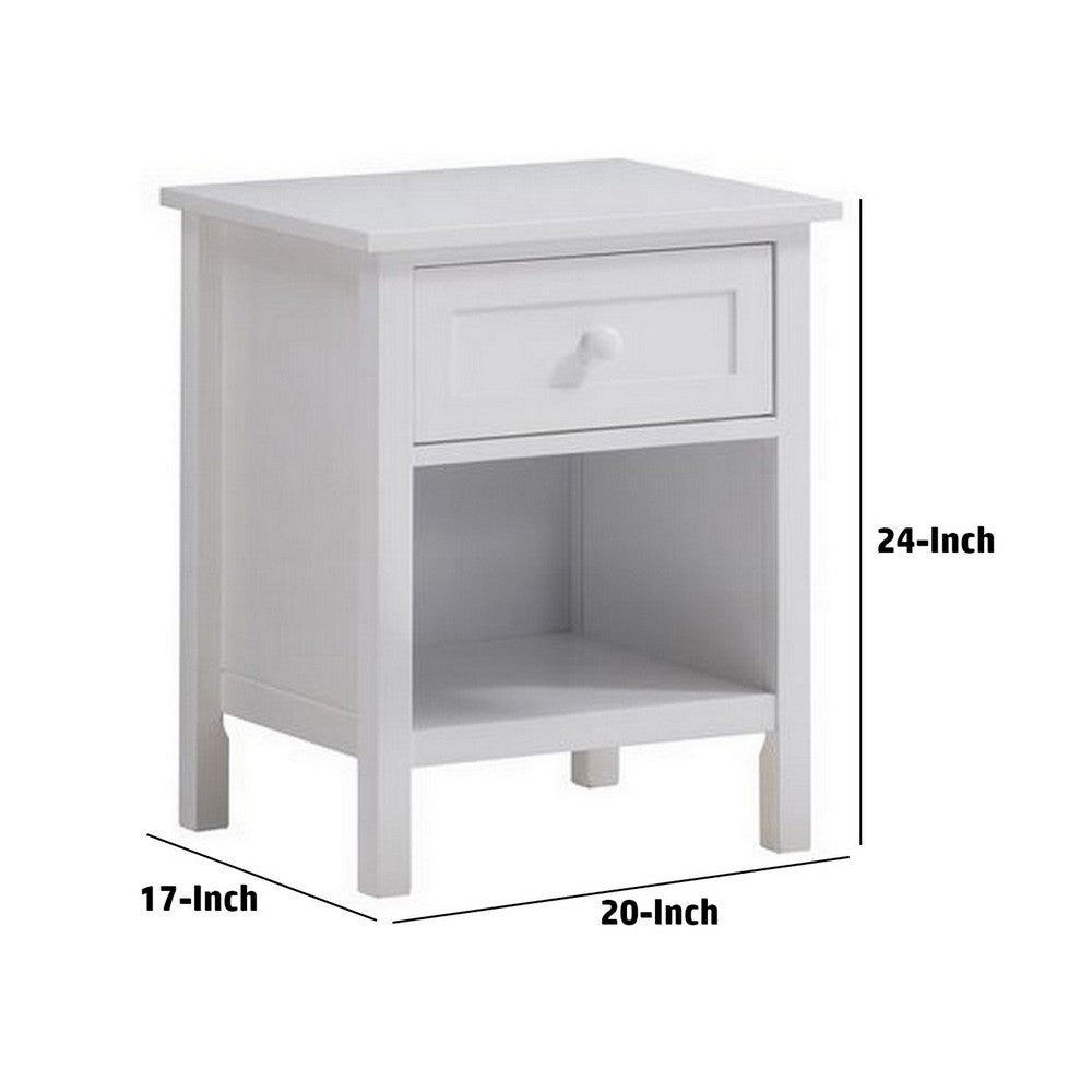 Mio 24 Inch Single Drawer Nightstand, Solid Wood, Open Shelf, Glossy White - BM279145