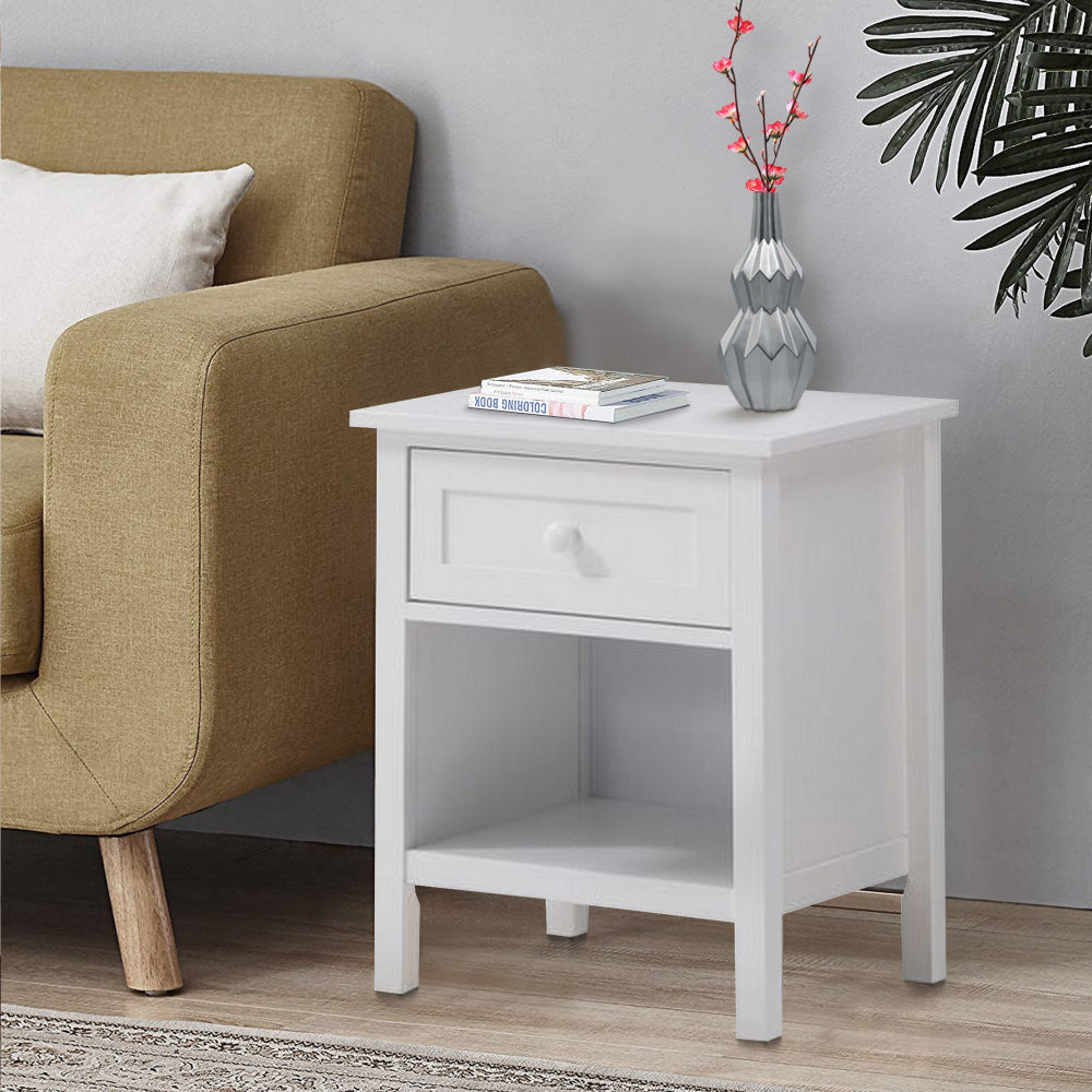 Mio 24 Inch Single Drawer Nightstand, Solid Wood, Open Shelf, Glossy White - BM279145