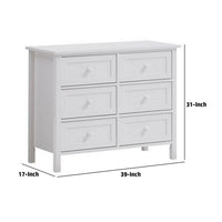 Mio 39 Inch 6 Drawer Dresser, Solid Wood, Molded Trim, Glossy White - BM279147