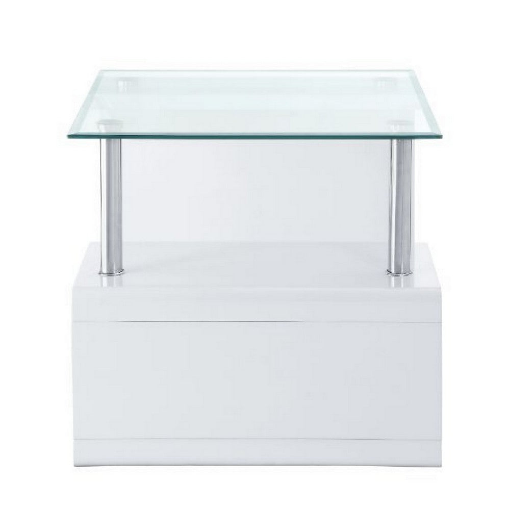 24 Inch Square Accent End Table, Glass Top, Open Shelf, White, Chrome - BM279165