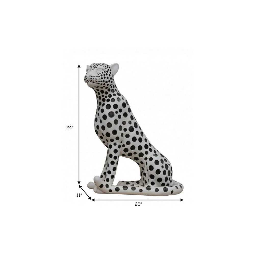 Cid 24 Inch Modern Polyresin Leopard Sculpture Decor, Dotted, White, Black - BM279252