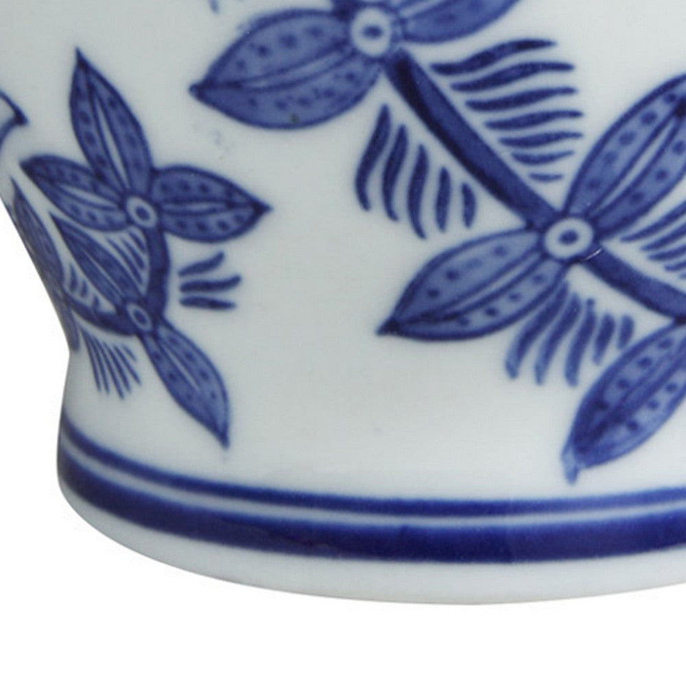 6 Inch Porcelain Jar, Urn Shape, Lid, Floral Design, Blue, White - BM279526